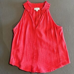 Evereve Womens Serena Gauze Red Cotton Sleeveless Split Neck Blouse Top